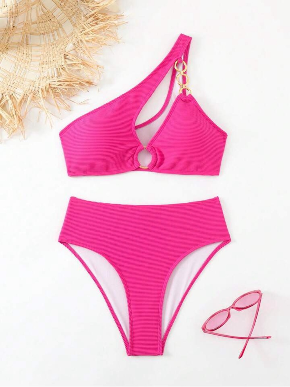 SHEIN One-Shoulder Ring-Accent Bikini Set in Fuchsia - Picture 3 of 8